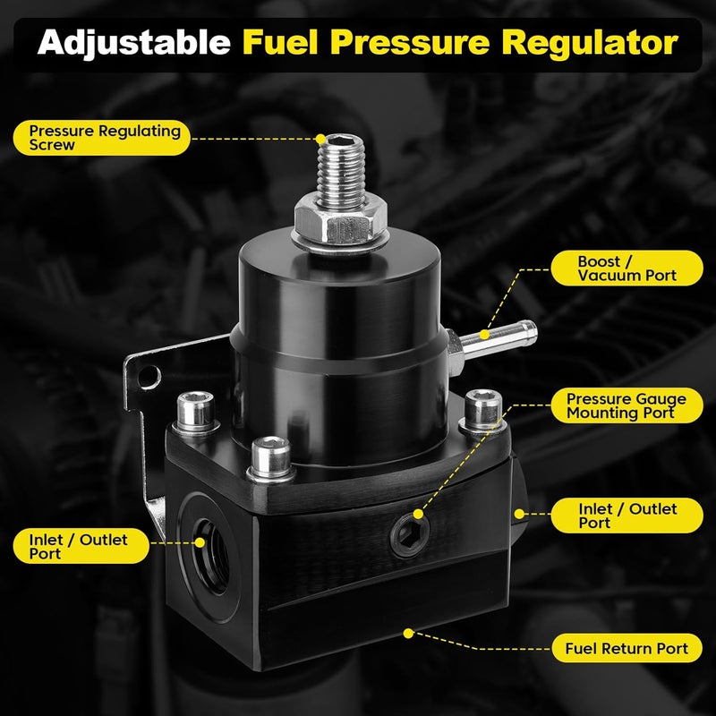YEHERIT Store Adjustable EFI Fuel Pressure Regulator Kit with Bypass Return, 0-100 PSI Gauge, 6AN Fittings and PTFE Braided Hose – Compatible with Gasoline, E85, Ethanol & Methanol Fuels - Image 2